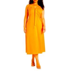 ELOQUII Midi Dress Ruched Neckline bow tie decor satiny persimmon orange